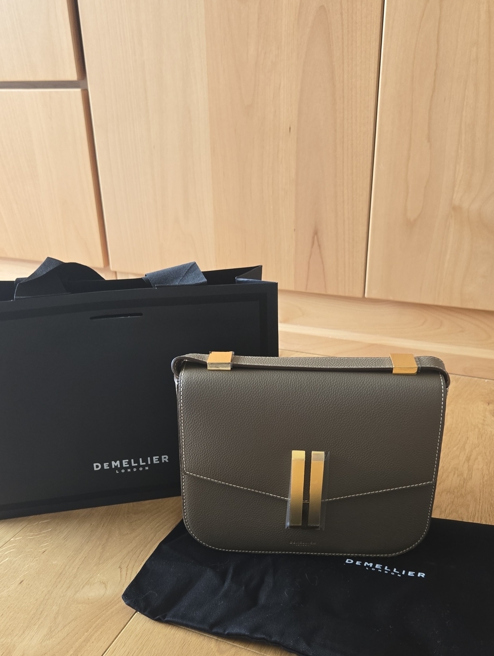 DeMellier Vancouver Dark Taupe crossbody bag with gold hardware,  Pristine